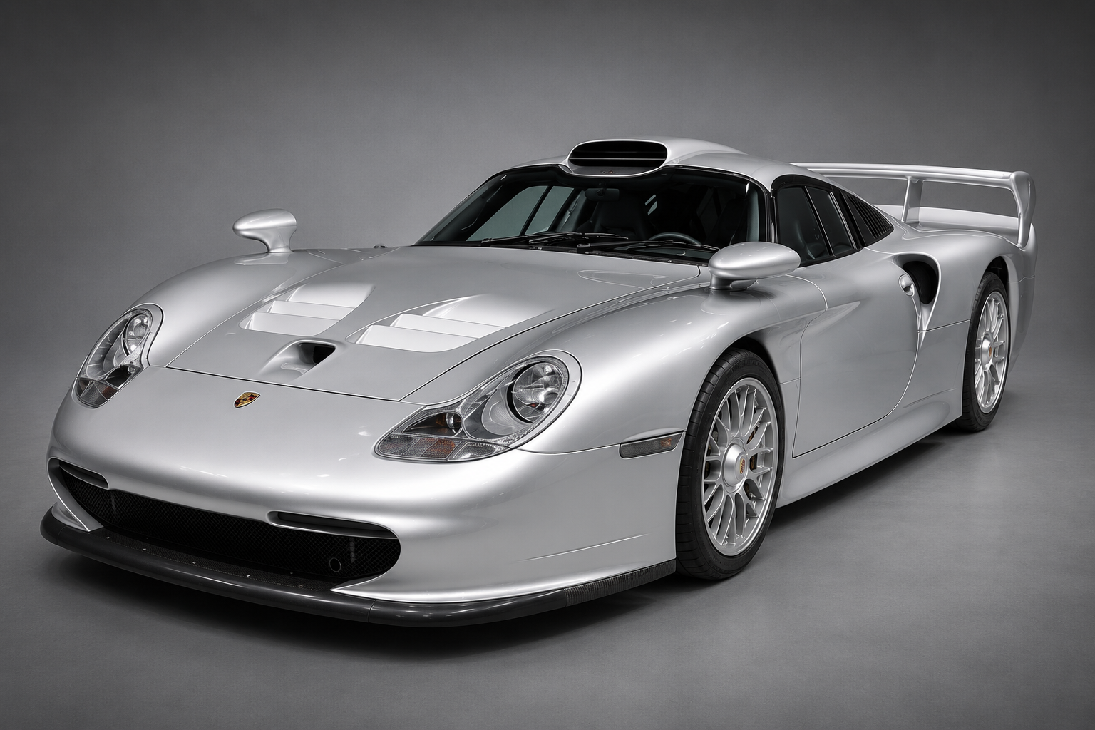 Silver Porsche 911 GT1 Straßenversion in a studio setting, front three-quarter view showing the mid-engine roof intake scoop, large rear wing, carbon front splitter, side NACA duct and 993-derived twin headlamps.