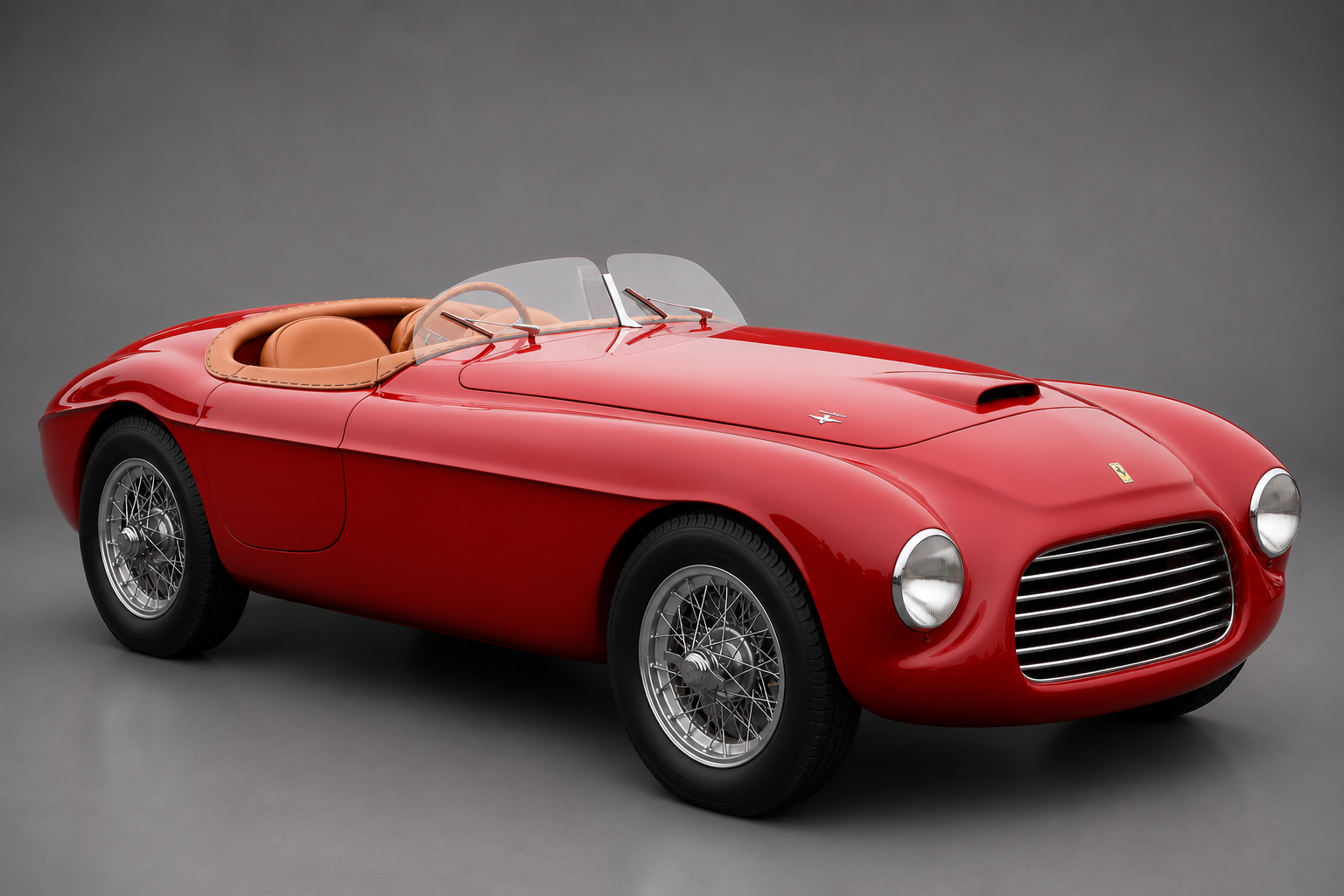 Red Ferrari 166 MM barchetta with tan interior and low aeroscreen, front three-quarter studio view on a plain grey backdrop showing the egg-crate grille and wire wheels.