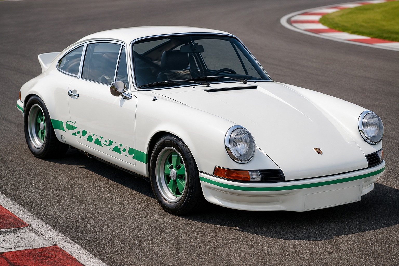 White Porsche 911 Carrera RS 2.7 with green Carrera side script, green Fuchs wheels and ducktail rear spoiler, photographed front three-quarter on a race circuit with red-and-white kerbing.