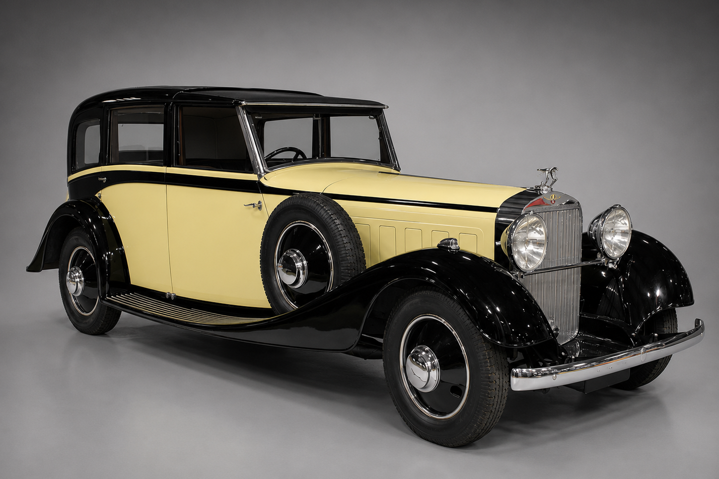 Cream and black 1930s Hispano-Suiza J12 formal saloon with side-mounted spare wheel, front three-quarter studio view on a plain grey backdrop showing the tall chrome radiator, stork mascot, twin chrome headlamps and sweeping black front wings.