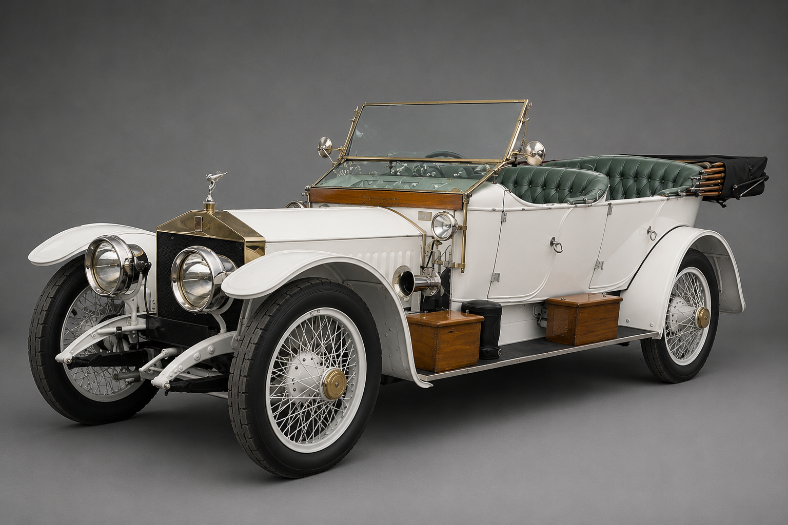 White Rolls-Royce Silver Ghost open tourer with green button-tufted leather upholstery, front three-quarter studio view on a plain grey backdrop showing the polished brass radiator, Spirit of Ecstasy mascot, brass headlamps, wire wheels and folded windscreen.