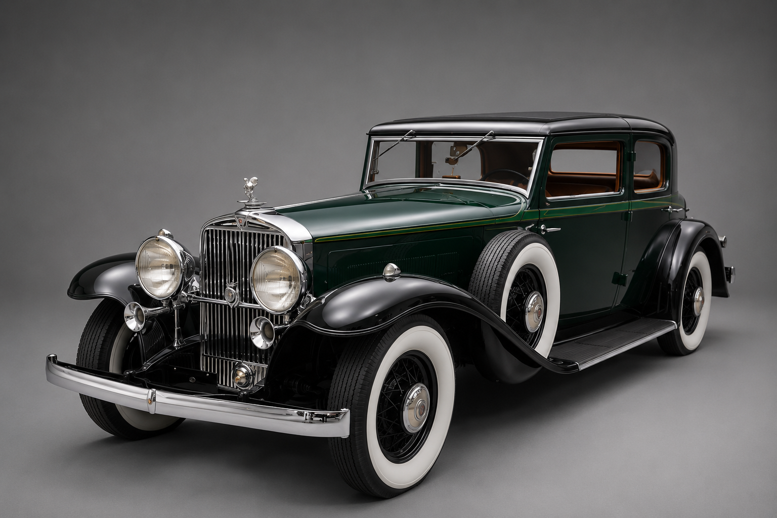 Dark green and black Stutz DV32 formal coupe with whitewall tyres, front three-quarter studio view on a plain grey backdrop showing the chrome vertical grille, twin chrome headlamps, sweeping black front wings, chrome running board and black wire wheels.