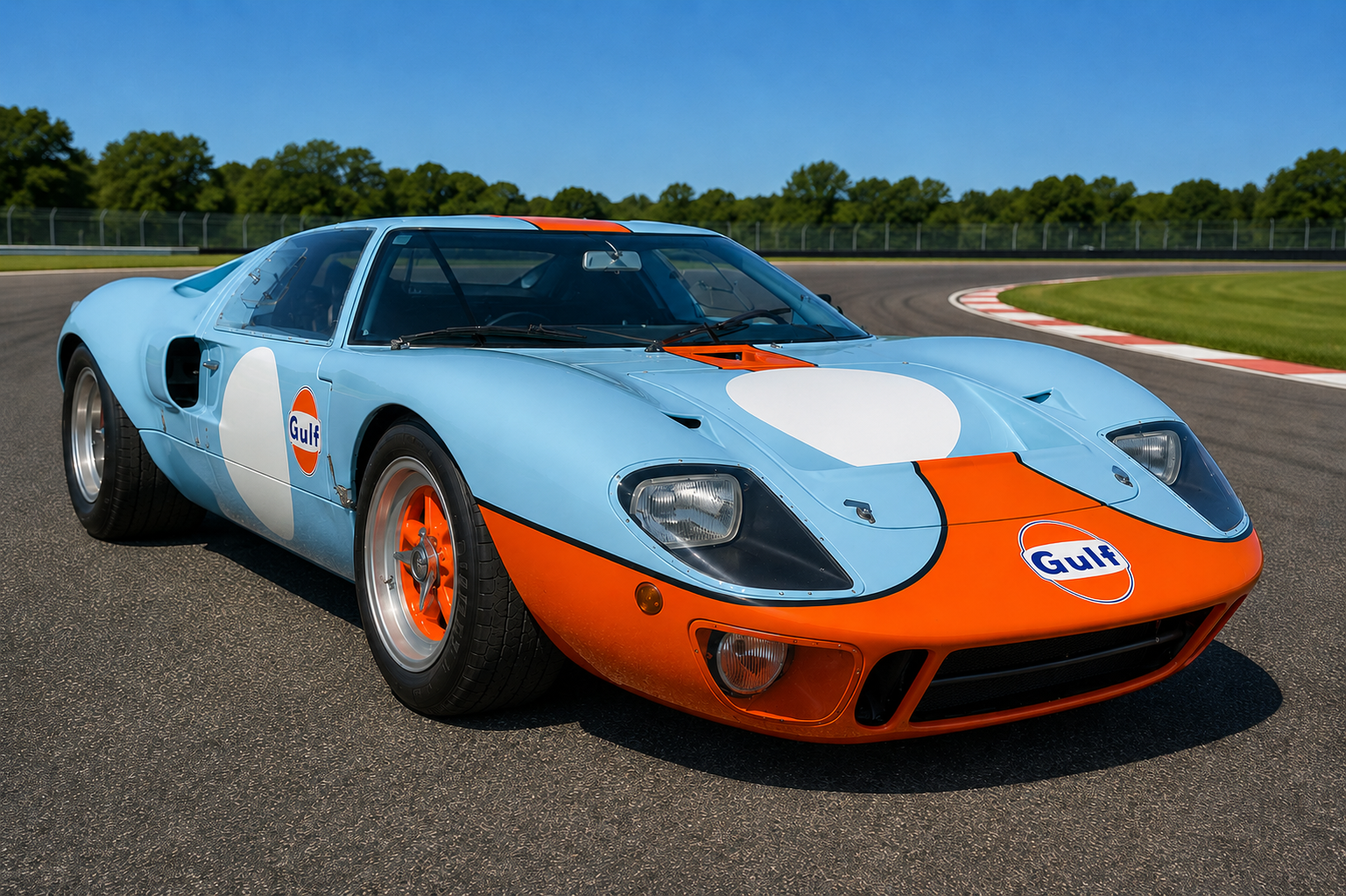 Light blue and orange Gulf-liveried Ford GT40 with race number 6, front three-quarter view on a race circuit under a clear blue sky, showing the low aerodynamic bodywork, silver alloy wheels and orange nose stripe.