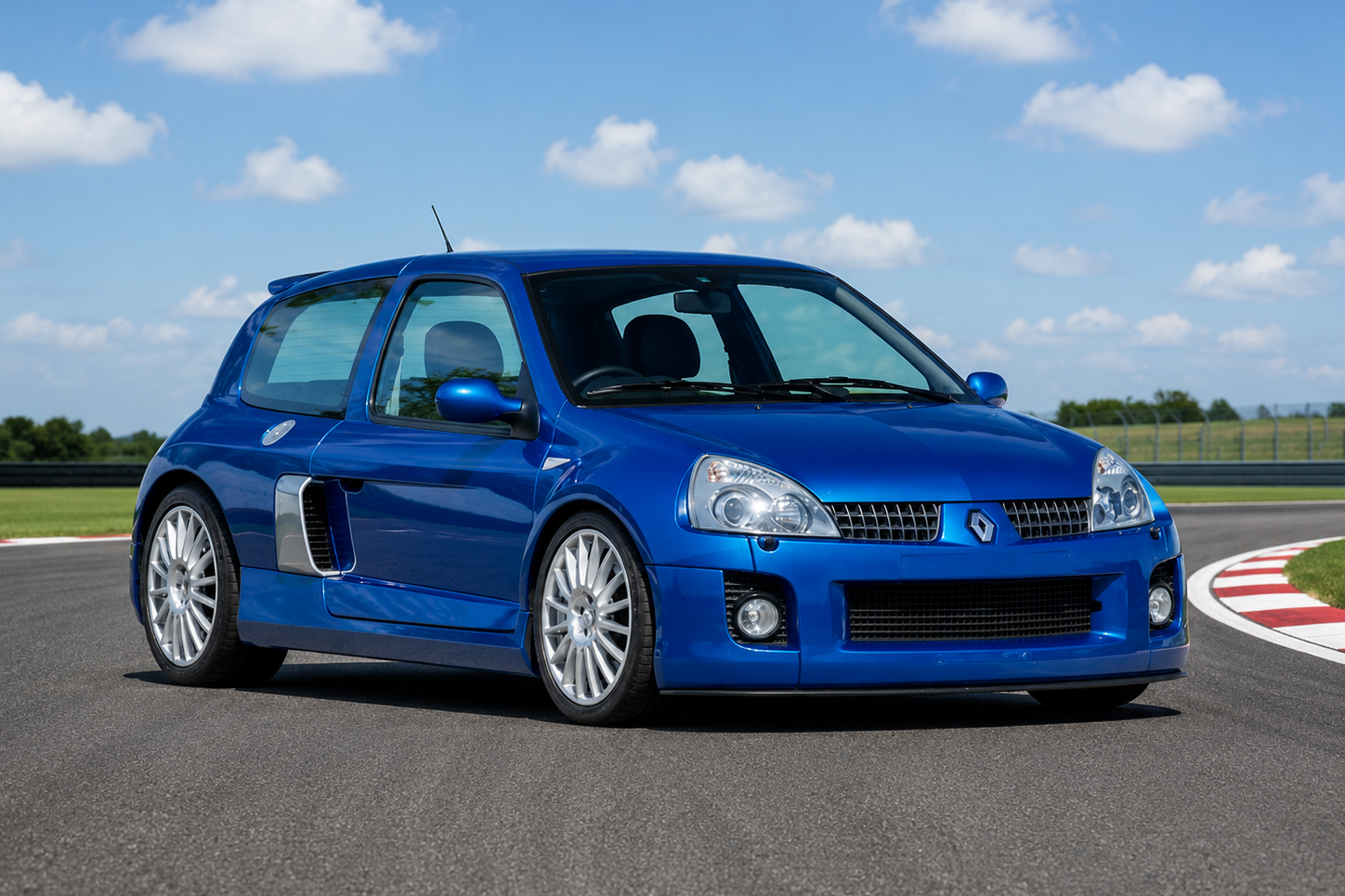 Renault Clio V6 Phase 2 in metallic blue, front three-quarter view on a race circuit apron — the rear-mid-engined, wide-body, RWD hot hatch built by Renault Sport in Dieppe 2003–2005.